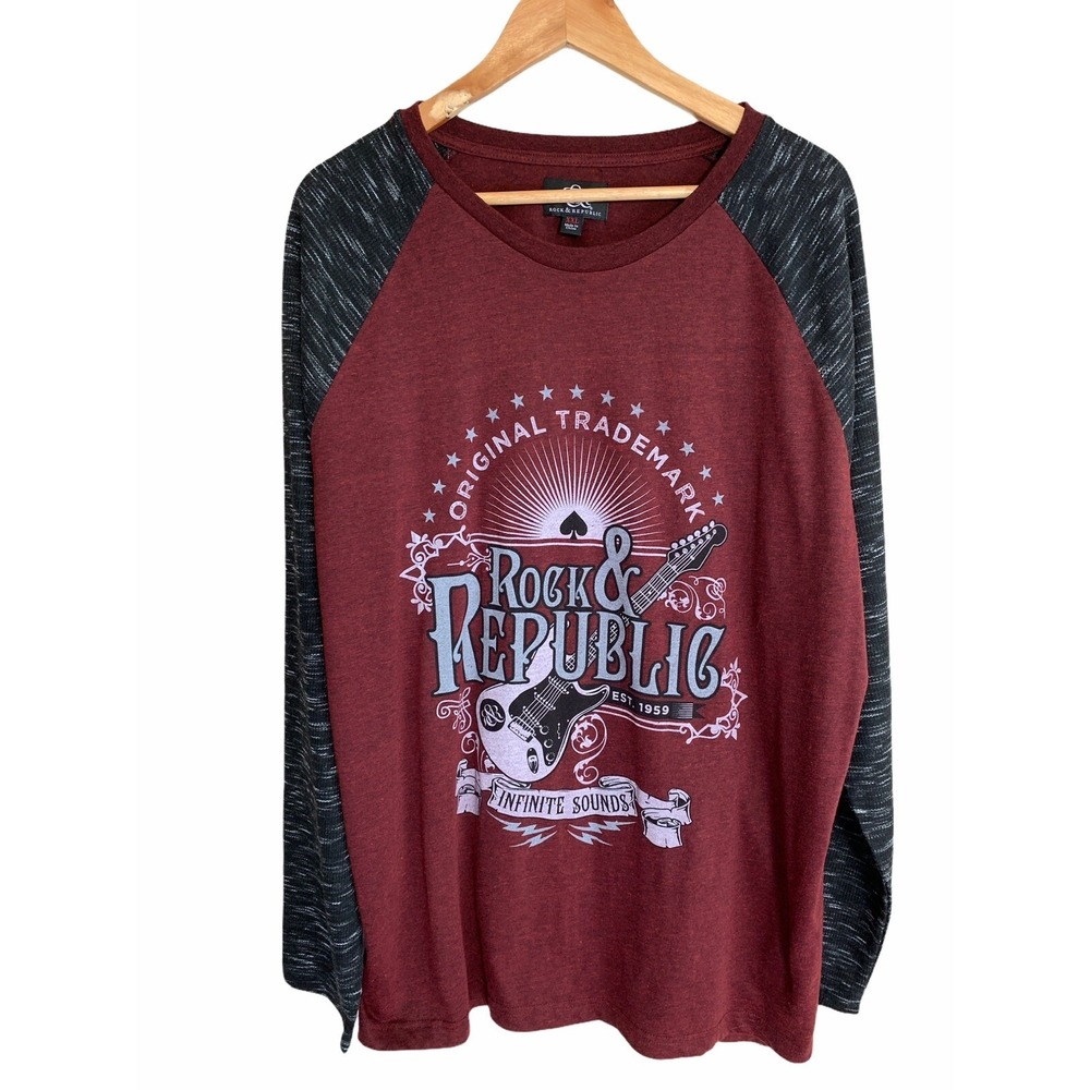 XXL Mens Rock & Republic‎ Long Sleeve Shirt Infinite Sounds Red Black Crew Neck